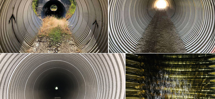 Interior view of corrugated metal pipe.