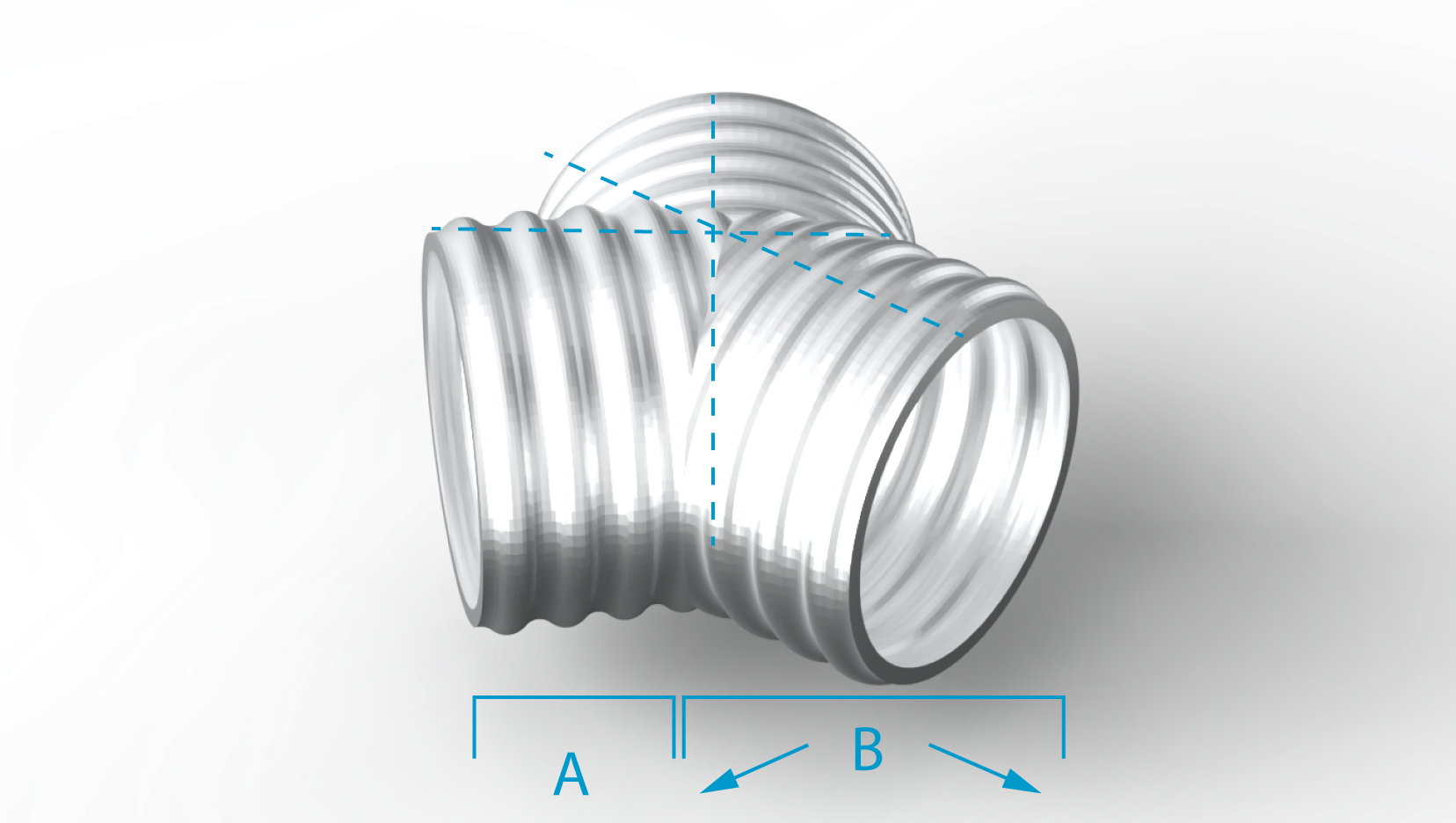 3D rendering of a corrugated tube with a 90-degree bend, showing dimensions marked as A and B with blue arrows.
