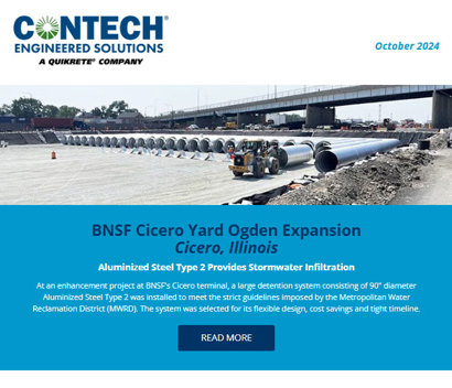 Advertisement for Contech Engineered Solutions featuring projects in Cicero, Illinois, and Thousand Oaks, California.