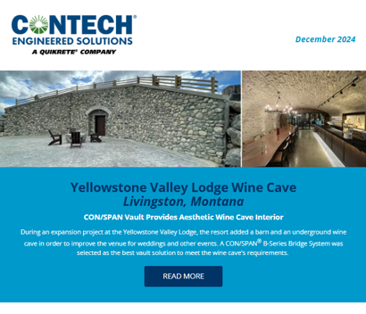 Image of a newsletter featuring Contech's engineered solutions, showcasing a wine cave and stormwater management system projects.