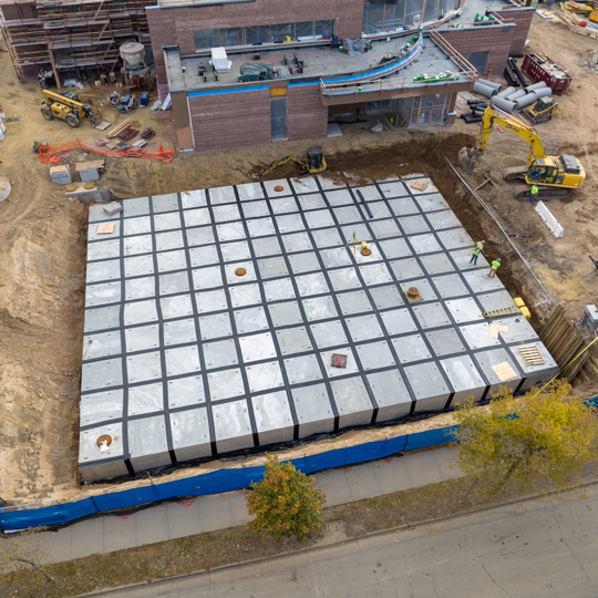 Installation of the UrbanPond concrete stormwater underground detention system. 