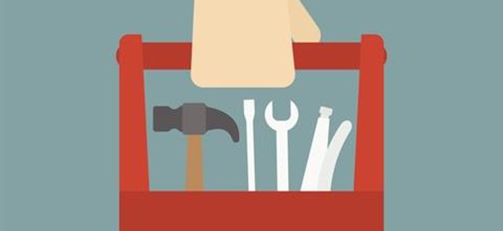 Illustration of a hand holding a red toolbox containing a hammer, wrench, and pipes against a teal background.