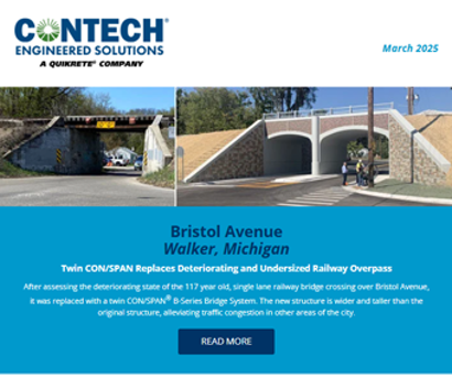 Newsletter page featuring Contech Engineered Solutions projects, including a new bridge and school field improvements.