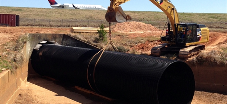 A culvert at an airport being slip lined with DuroMaxx steel reinforced polyethylene (SRPE) pipe.