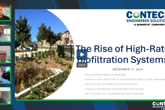 Presentation slide on "The Rise of High-Rate Biofiltration Systems" by Contech, dated December 17, 2024, with speaker thumbnails.