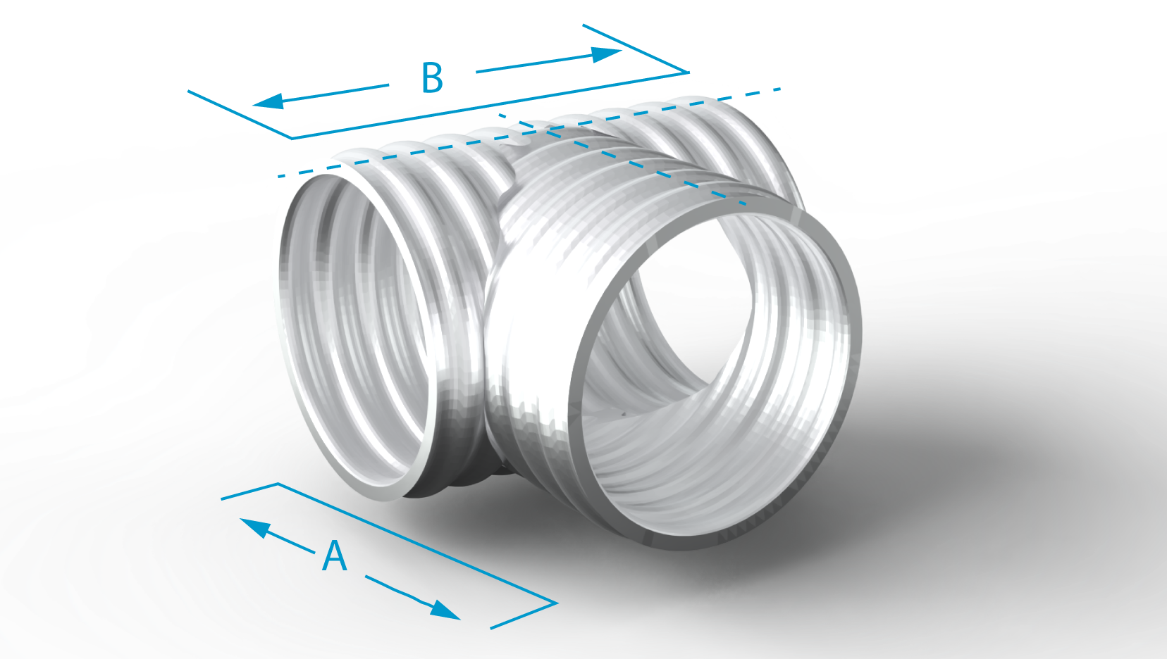 Rendered image of a cylindrical object with ribbed texture, showing dimensions labeled as A and B with blue lines and arrows.