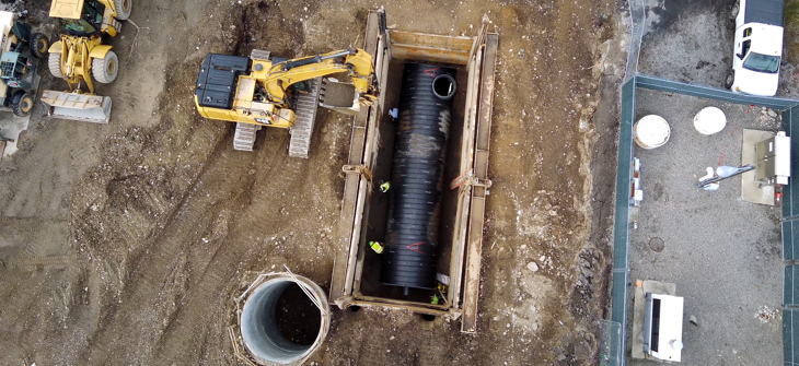 Aerial view of construction site with excavator and workers installing large pipes in a rectangular trench.