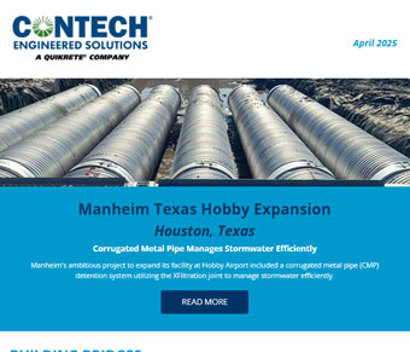 Screenshot of a CONTECH newsletter featuring stormwater pipes and a pedestrian bridge project in Texas.