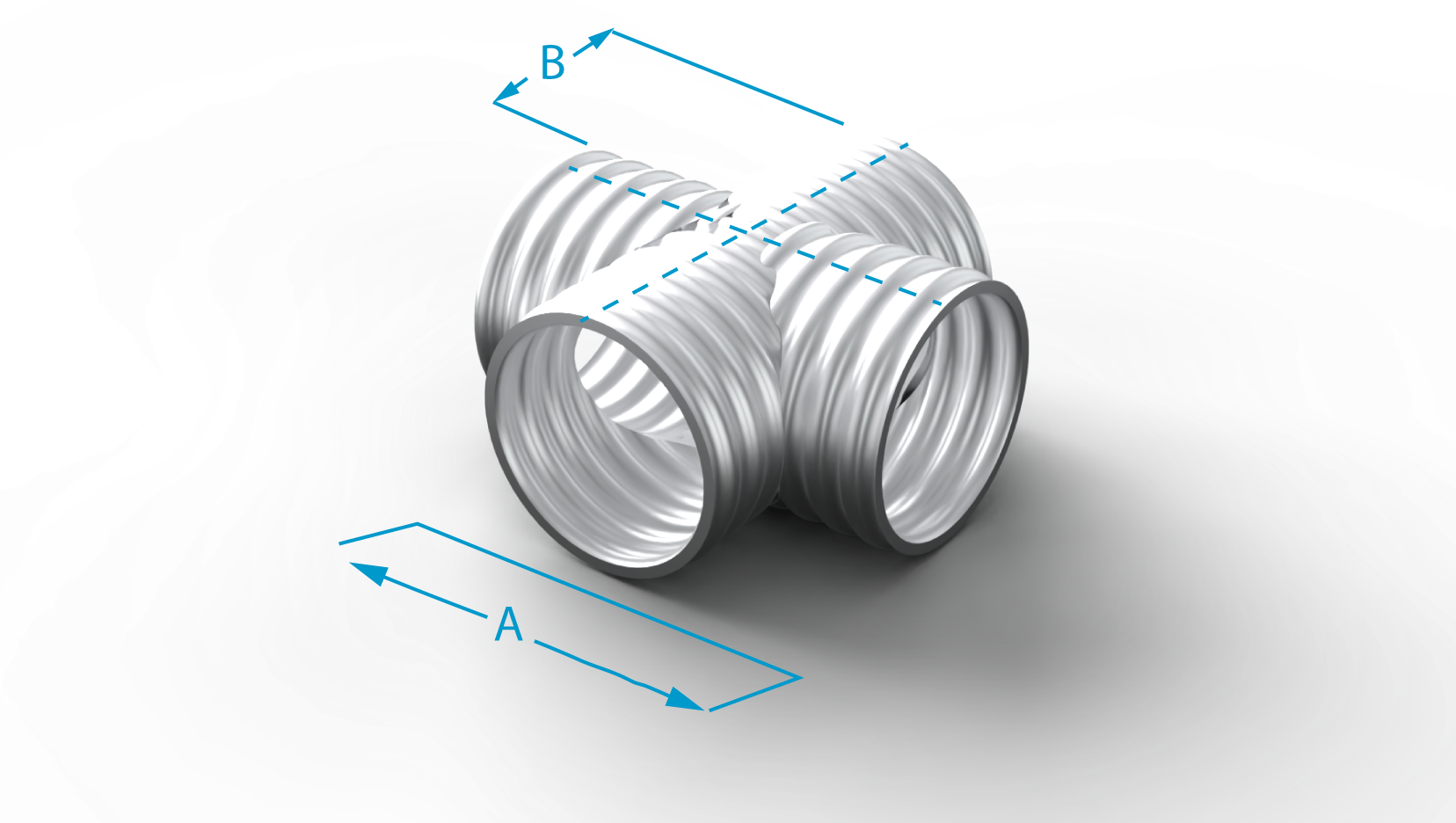 A metallic, double-barreled cylindrical object with diagonal lines labeled A and B, resting on a concentric wave-like pattern.