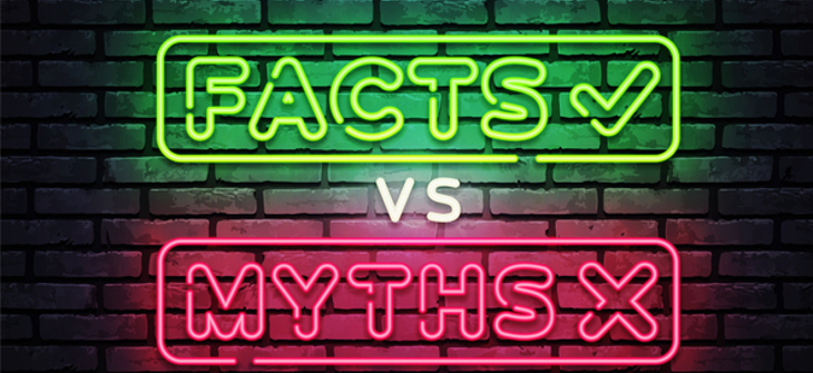 Neon signs on a brick wall. "FACTS" in green with a checkmark, "MYTHS" in red with an X, separated by "VS" in white.